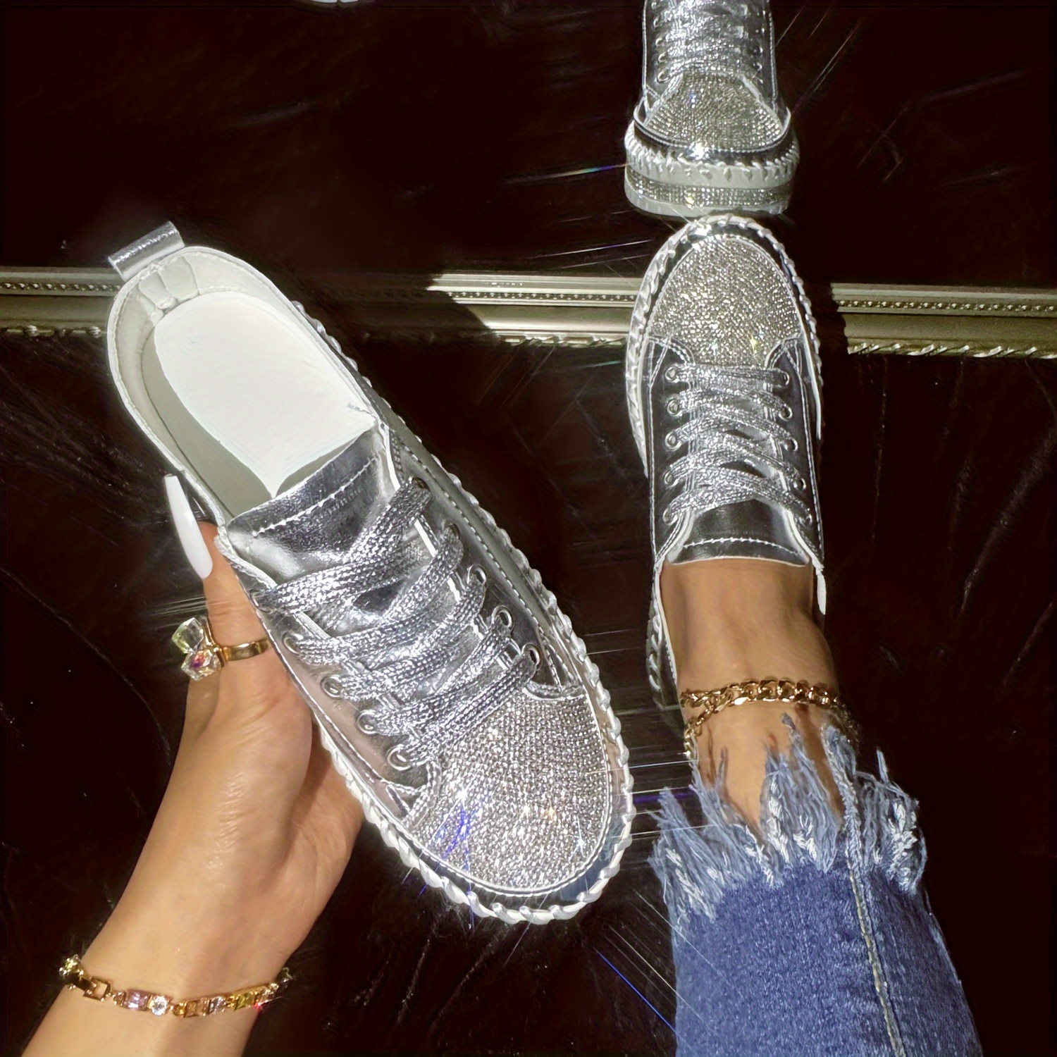 rhinestone flat sneakers, womens rhinestone flat sneakers fashion round toe lace up low top skate shoes all match outdoor trainers details 3