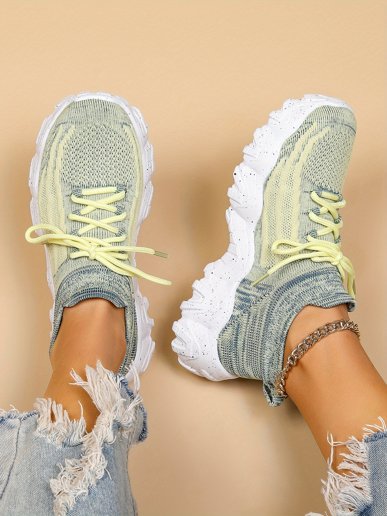 womens breathable knit platform sneakers casual lace up outdoor shoes comfortable low top trainers details 2
