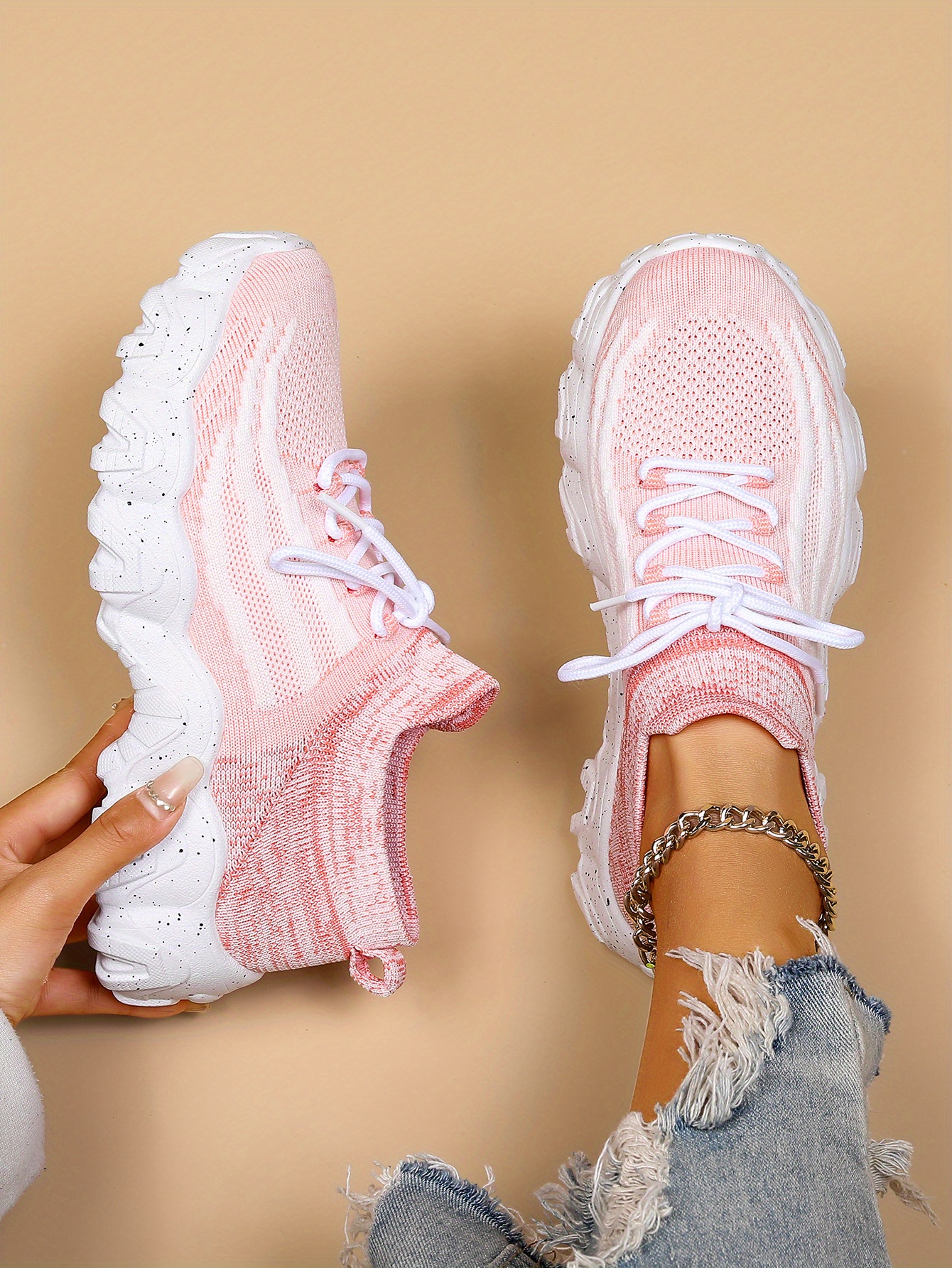 womens breathable knit platform sneakers casual lace up outdoor shoes comfortable low top trainers details 6