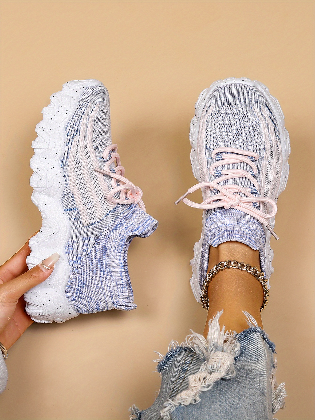 womens breathable knit platform sneakers casual lace up outdoor shoes comfortable low top trainers details 12