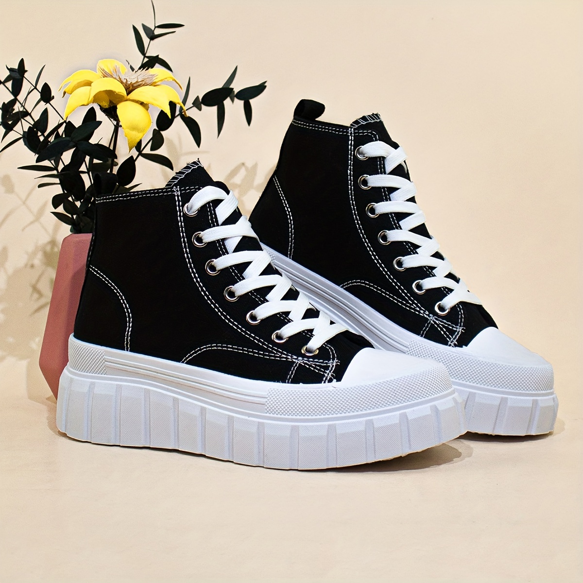 womens solid color canvas shoes lace up comfy platform casual shoes versatile high top shoes details 0