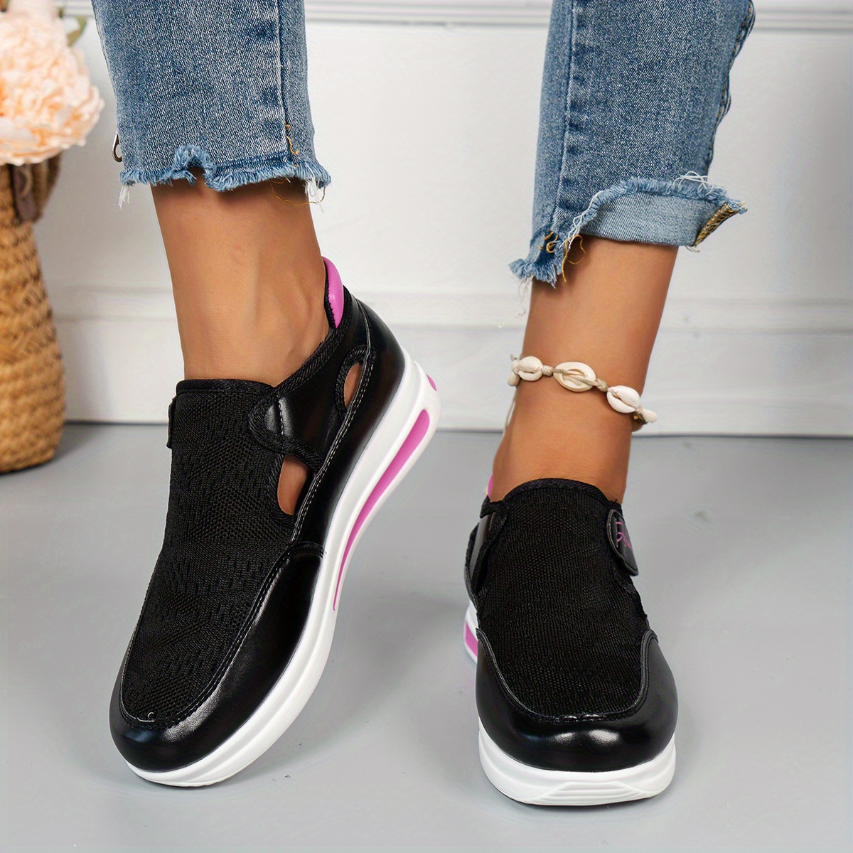 womens breathable knit platform sneakers casual hook loop outdoor shoes comfortable cutout shoes details 1