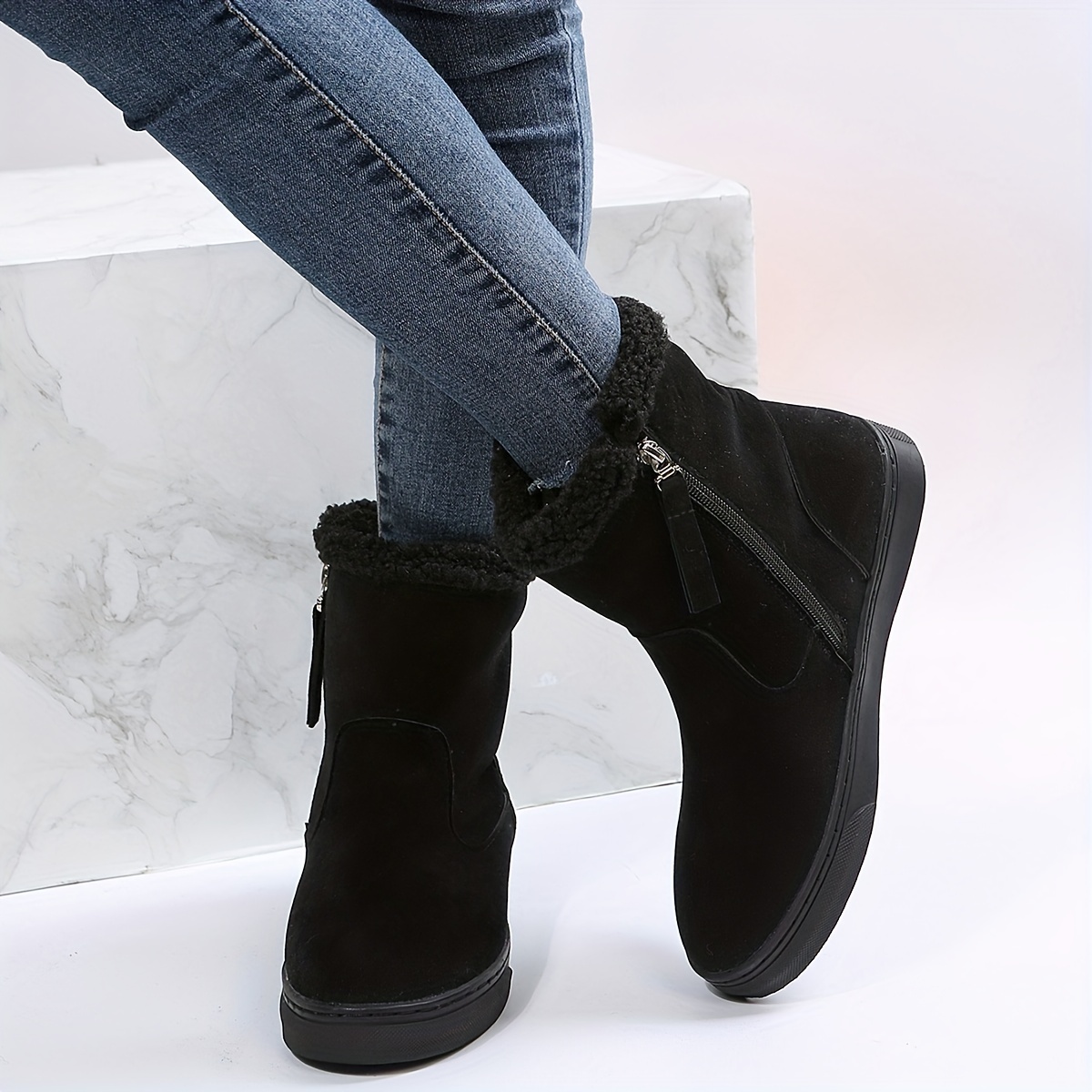 womens solid color short boots casual side zipper plush lined boots womens comfortable boots details 0