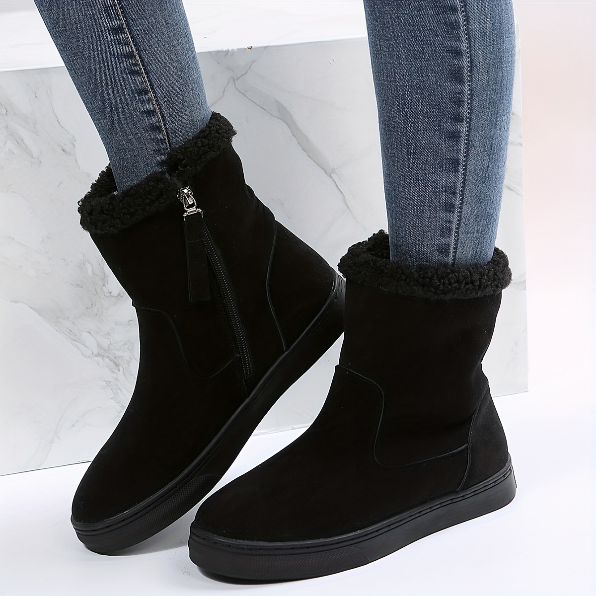 womens solid color short boots casual side zipper plush lined boots womens comfortable boots details 2