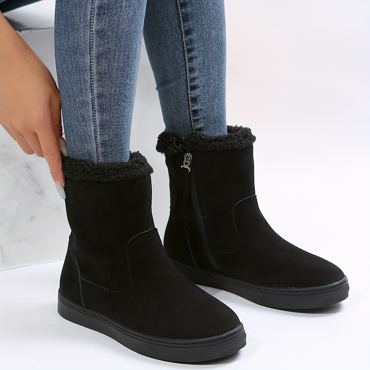 womens solid color short boots casual side zipper plush lined boots womens comfortable boots details 3