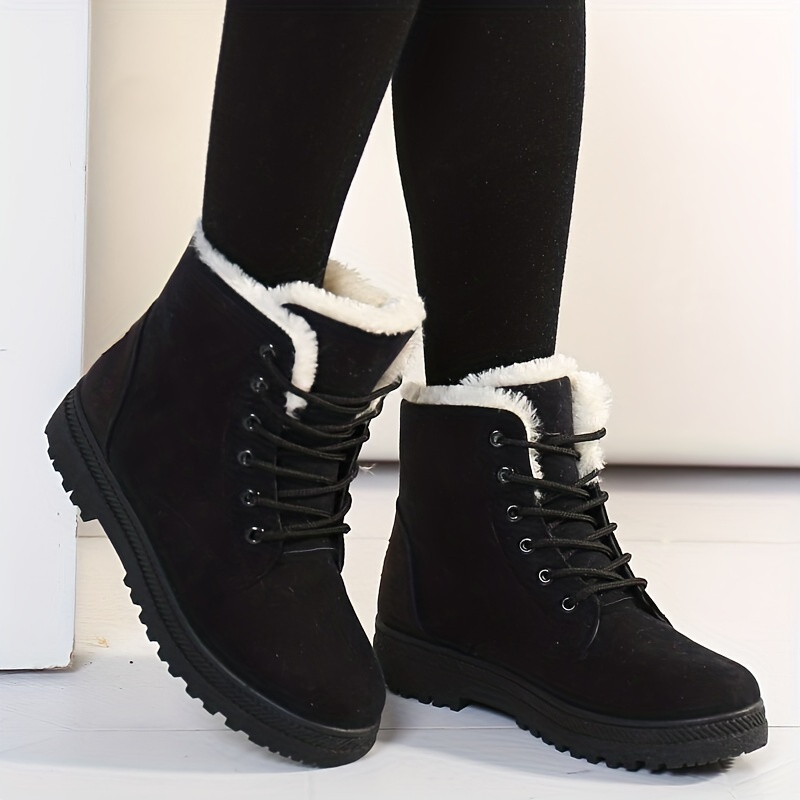 womens plush lined ankle boots solid color thermal lace up snow boots outdoor warm short boots details 1