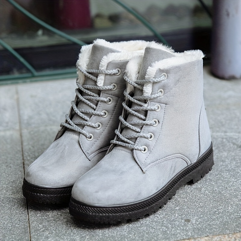 womens plush lined ankle boots solid color thermal lace up snow boots outdoor warm short boots details 4