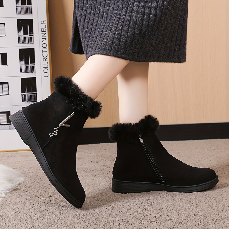 womens solid color fluffy boots side zipper thermal lined platform warm shoes winter plush snow ankle shoes details 8