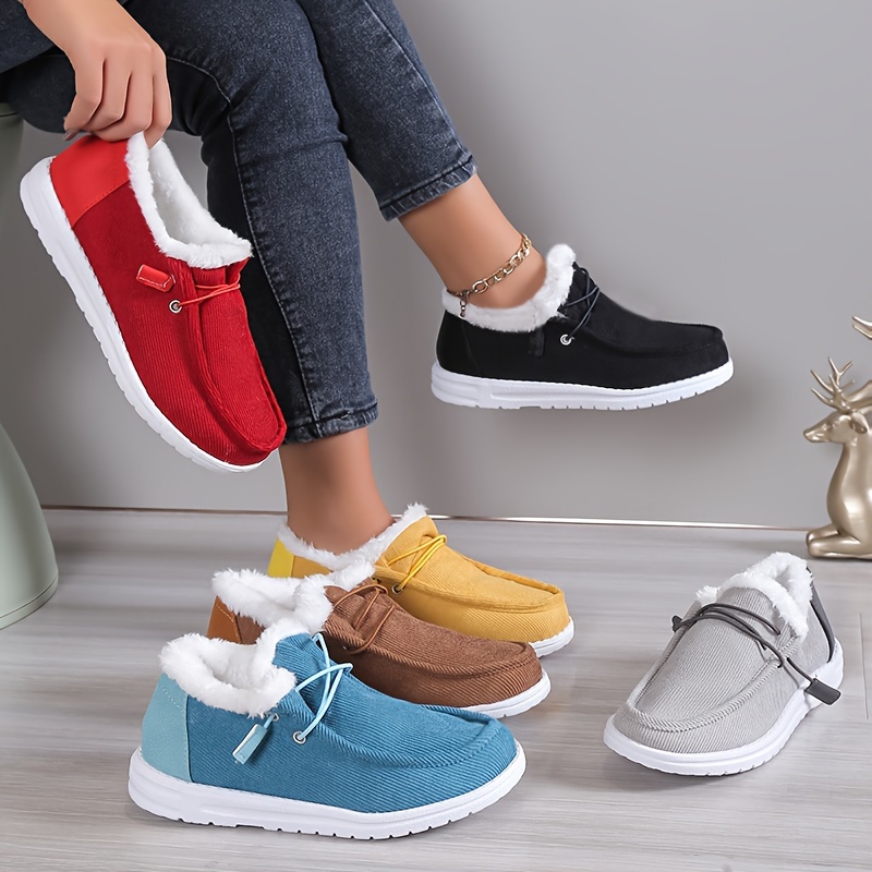 womens solid color boots slip on round toe low top velvet warm fluffy non slip soft sole shoes winter comfy shoes details 0
