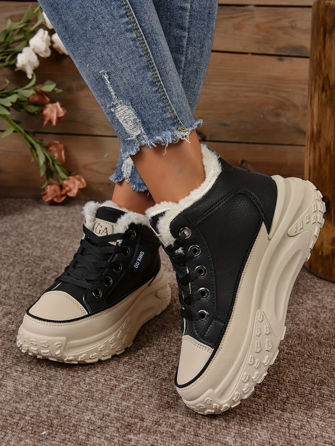 plush lined ankle boots, womens plush lined ankle boots fashion heightening lace up platform boots winter warm outdoor short boots details 4