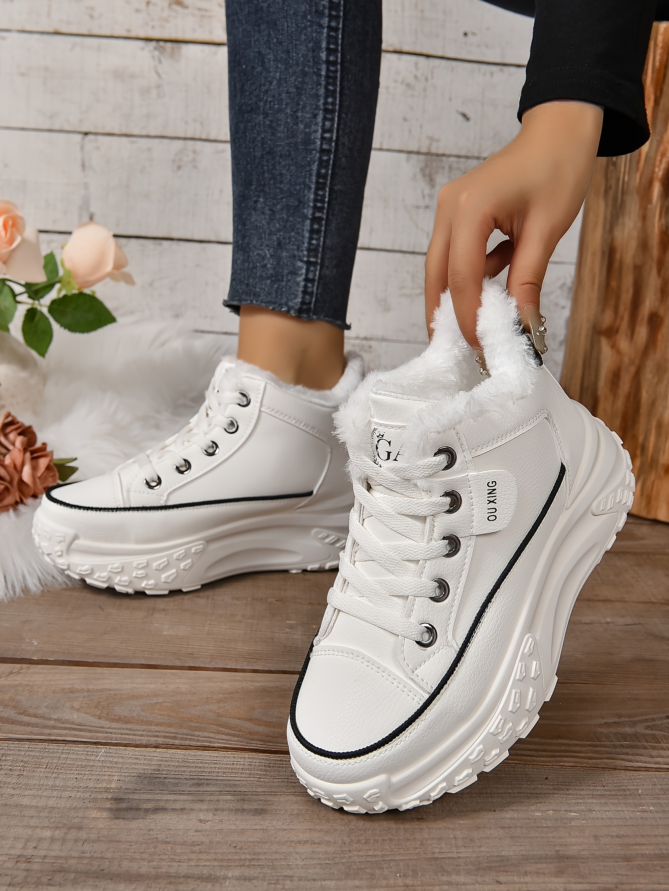 plush lined ankle boots, womens plush lined ankle boots fashion heightening lace up platform boots winter warm outdoor short boots details 10