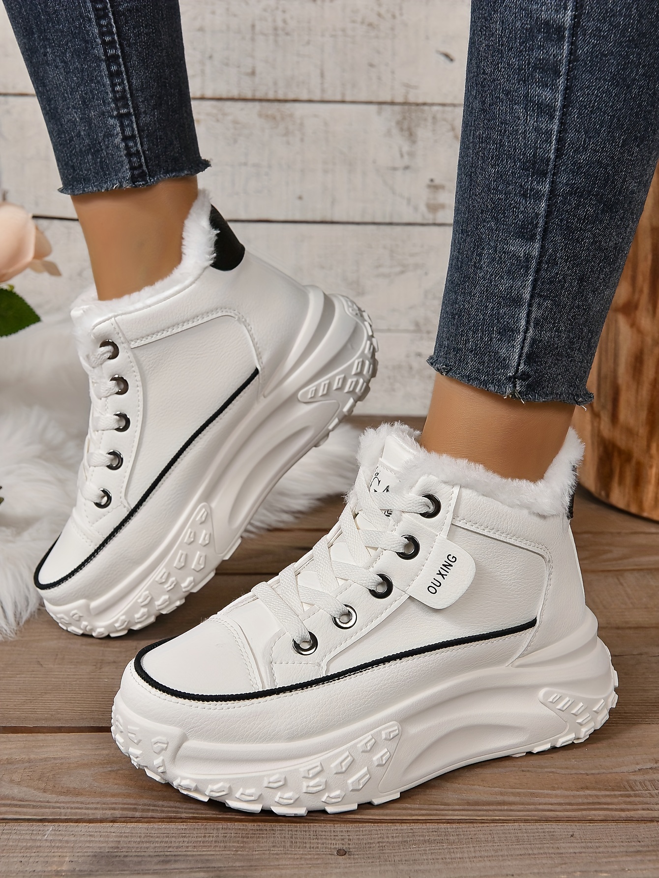 plush lined ankle boots, womens plush lined ankle boots fashion heightening lace up platform boots winter warm outdoor short boots details 14