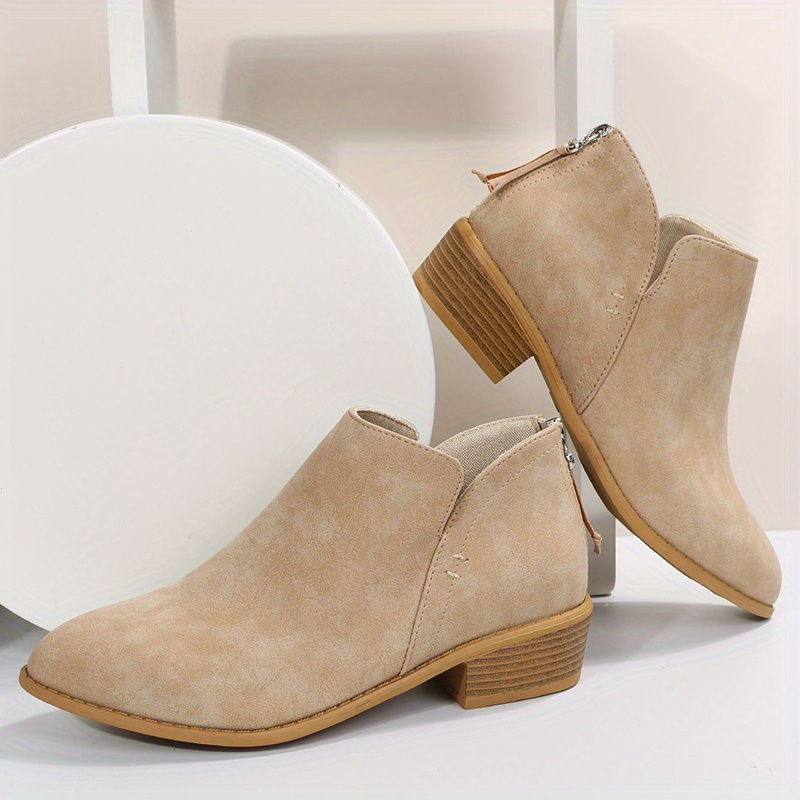 womens chunky heeled ankle boots pointed toe zipper stacked heeled shoes retro short boots details 0