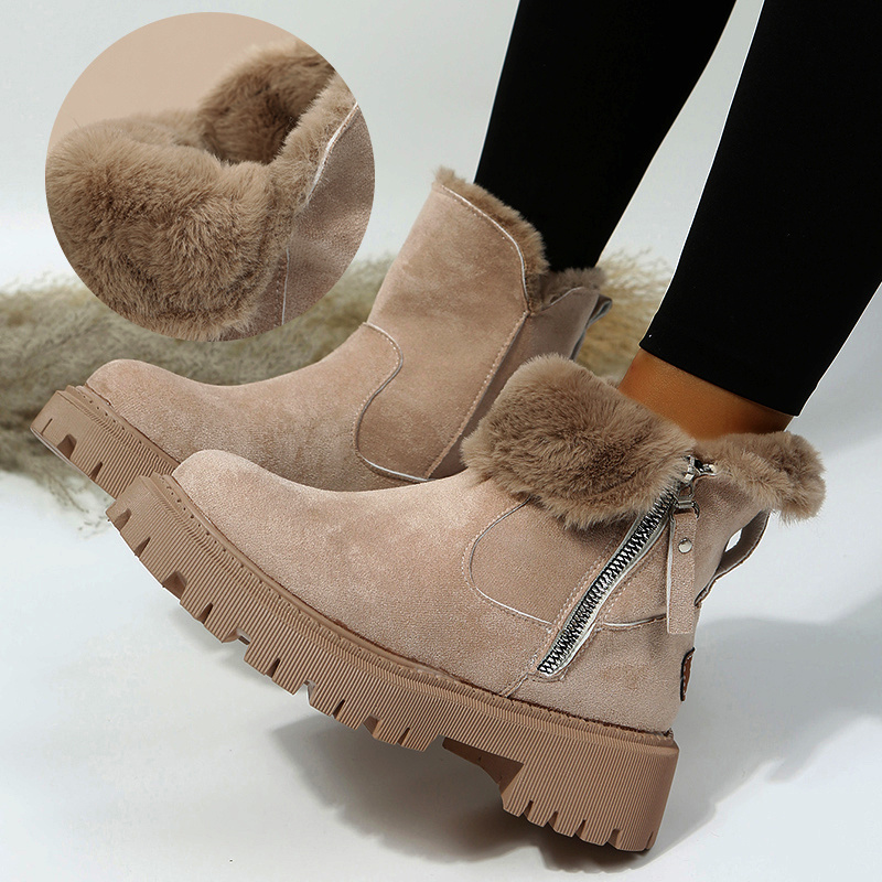 womens plush lined snow boots side zipper solid color suedette short boots winter warm outdoor boots details 0