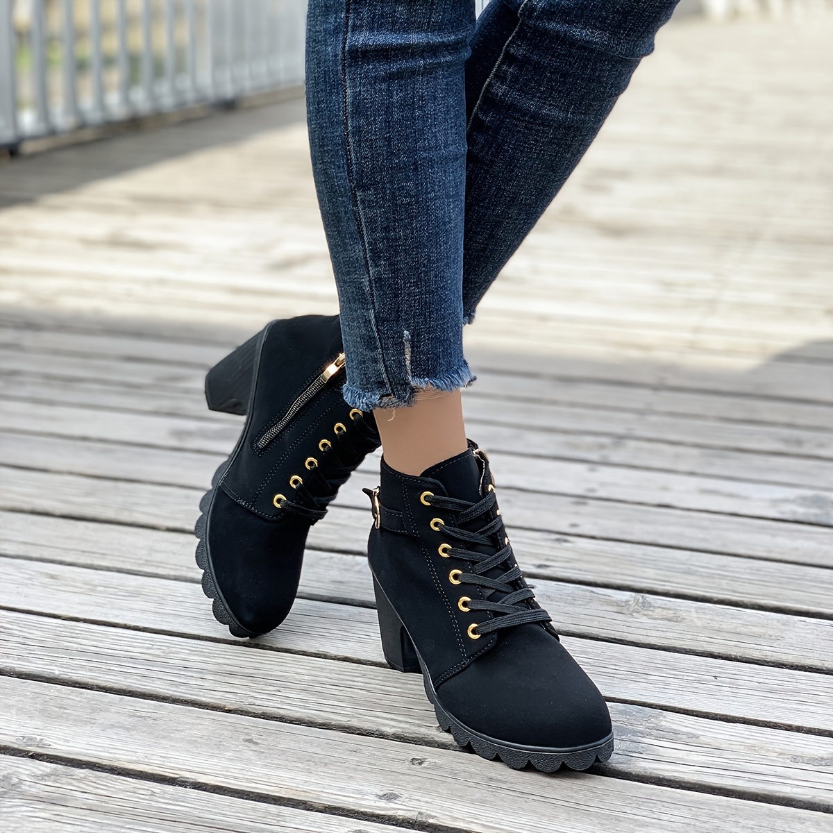 womens chunky heeled ankle boots solid color side zipper boots beer festival dress shoes details 0