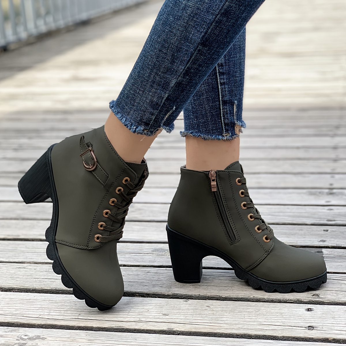 womens chunky heeled ankle boots solid color side zipper boots beer festival dress shoes details 5