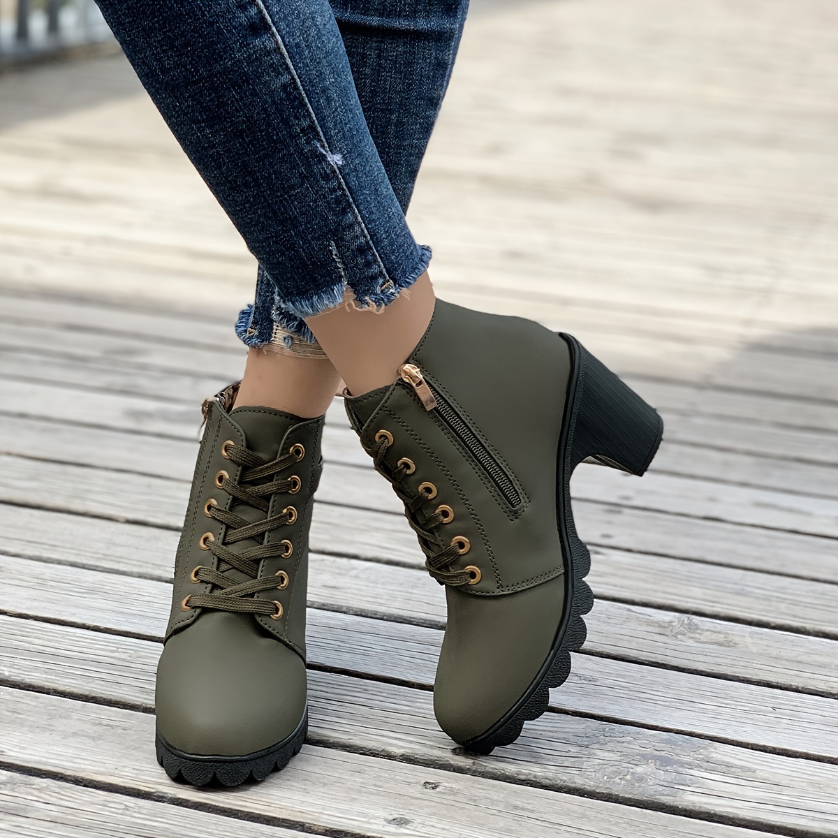 womens chunky heeled ankle boots solid color side zipper boots beer festival dress shoes details 6