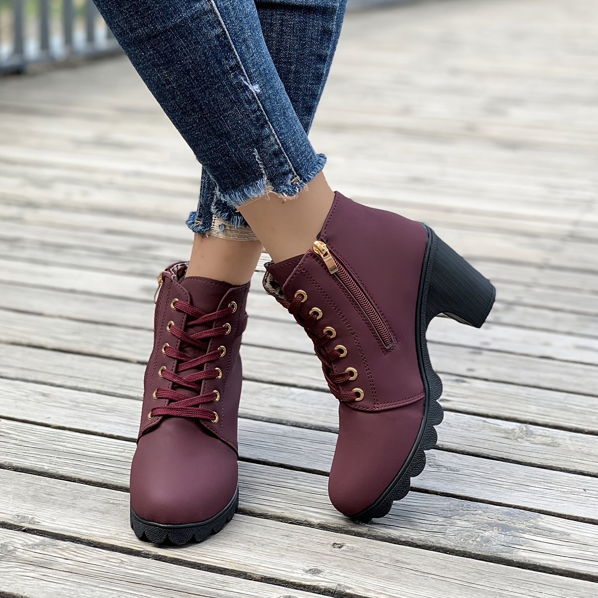 womens chunky heeled ankle boots solid color side zipper boots beer festival dress shoes details 9