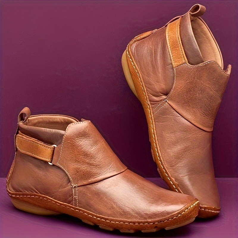 womens solid color trendy boots slip on soft sole platform buckle belt boots versatile round toe winter boots details 0