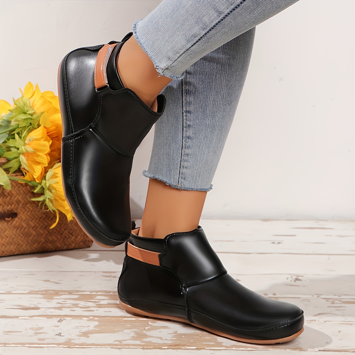 womens solid color trendy boots slip on soft sole platform buckle belt boots versatile round toe winter boots details 4